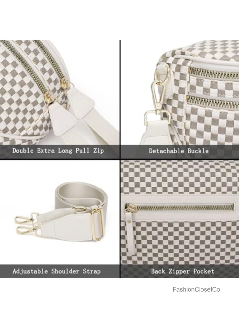 Checkered Woven Vegan Leather Double Zip Sling Purse Fanny Pack Belt Bag - Picture 5 of 6